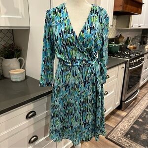 ECI New York Multicolor Faux Wrap Dress Stretch Midi Career Party Retro Size 8
